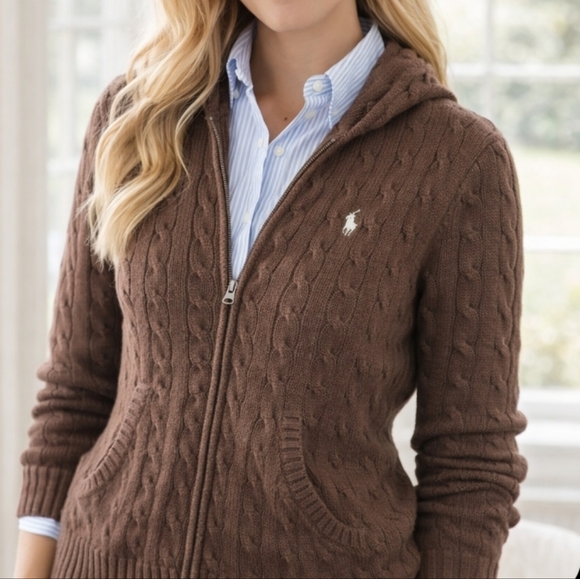 Ralph Lauren Sweaters - Vintage Ralph Lauren Cable Knit Hooded Full Zip Sweater Brown